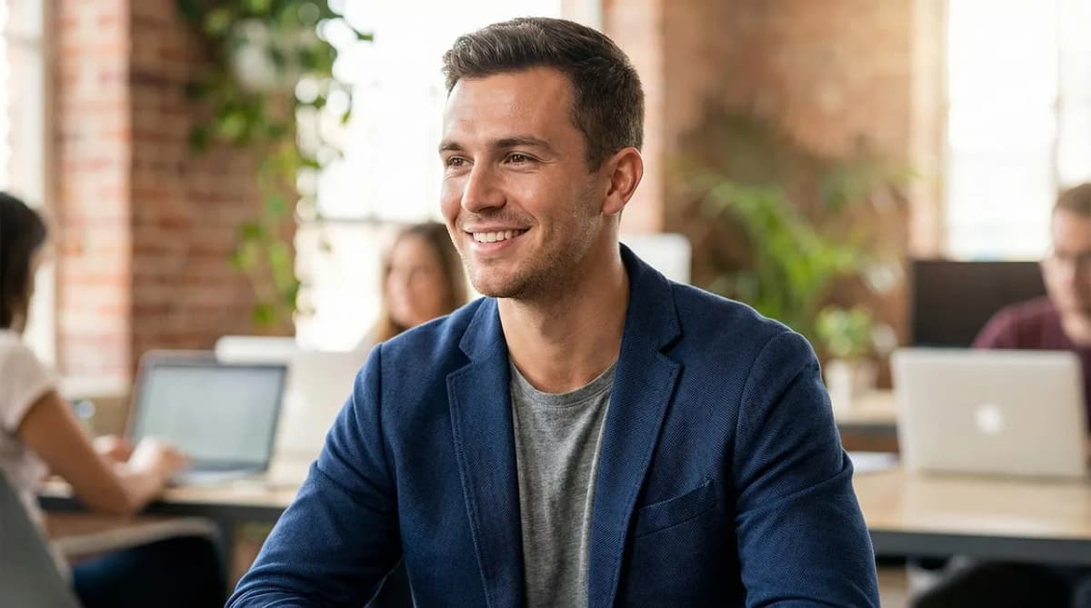 A smiling businessman, illustrating job quality