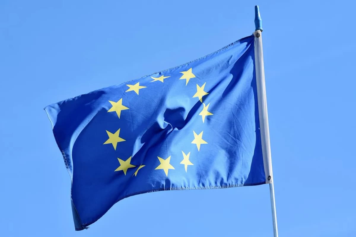 A European Union flag banner, as Eurostat reports August unemployment