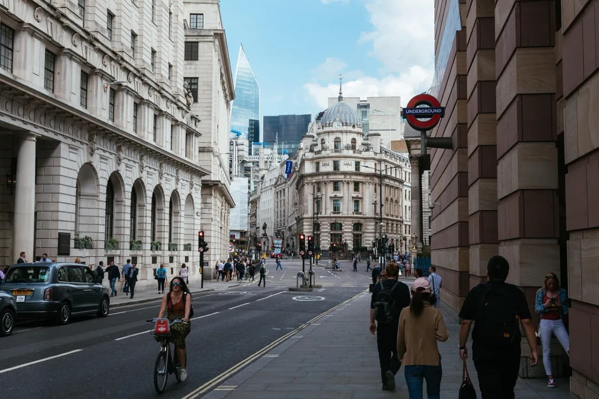 Office buildings in a UK city financial district, as NatWest sets a two-day office rule
