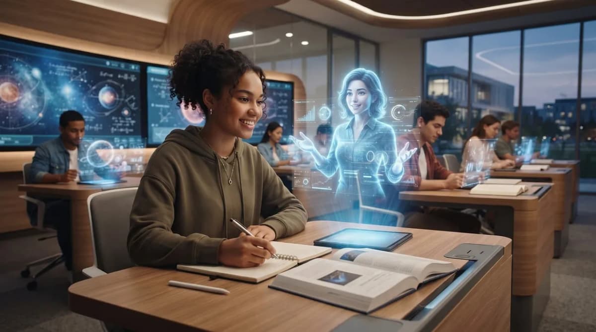 Smiling student taking notes at a desk in a futuristic classroom with large screens and a holographic teacher