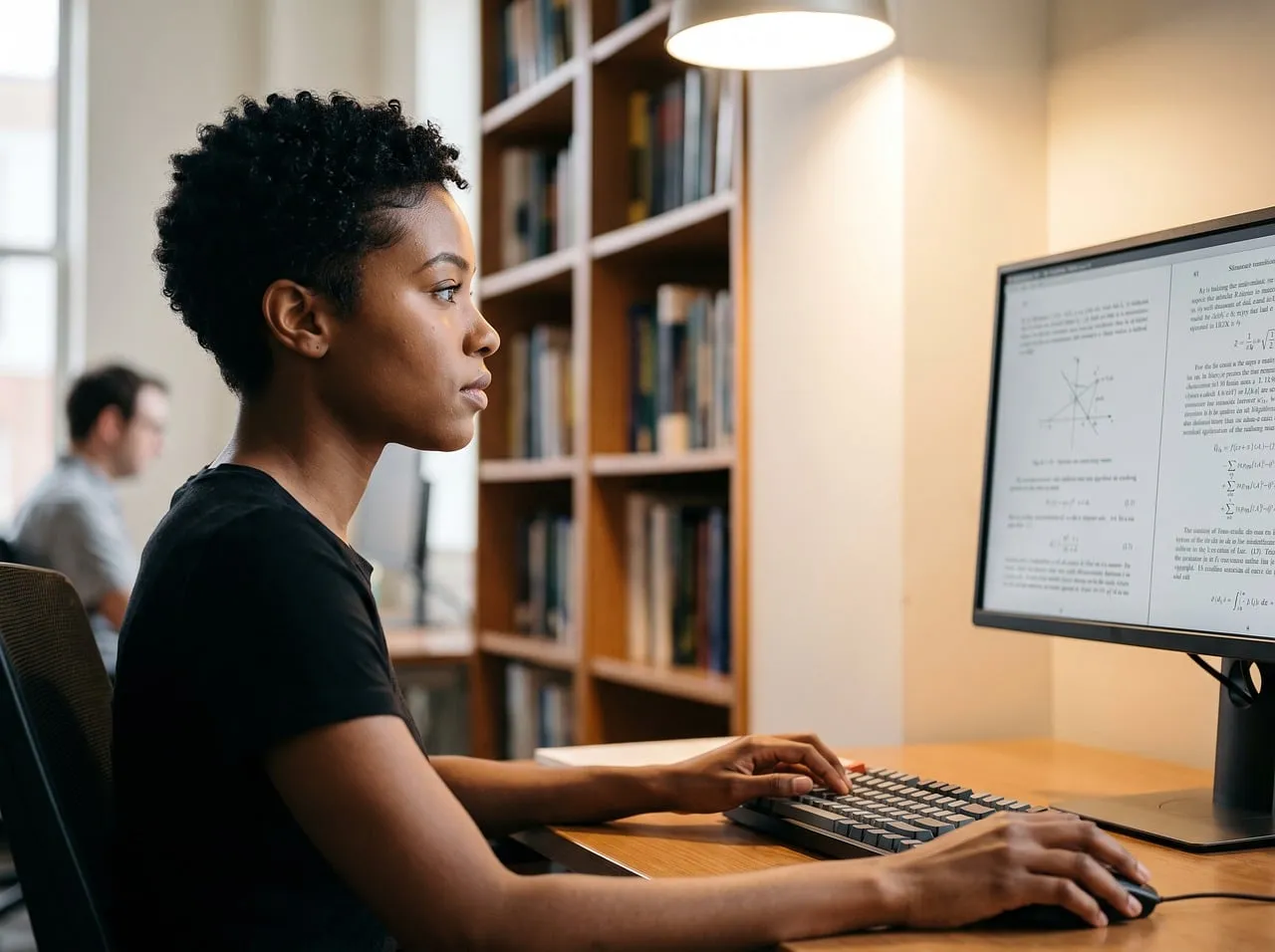 Woman typing at a computer in a library with bookshelves behind her