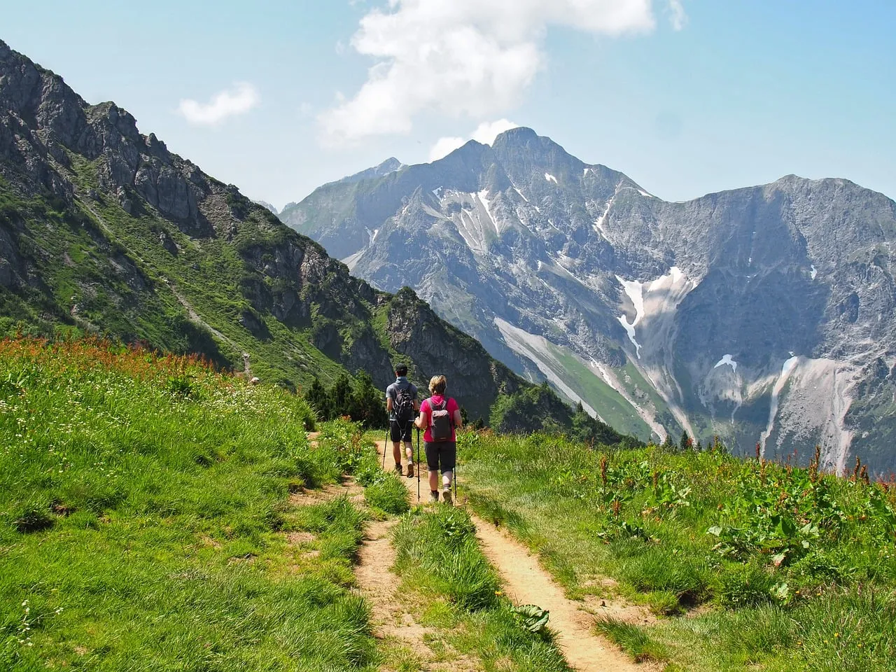 Two hikers with backpacks walking a grassy mountain trail toward rocky peaks