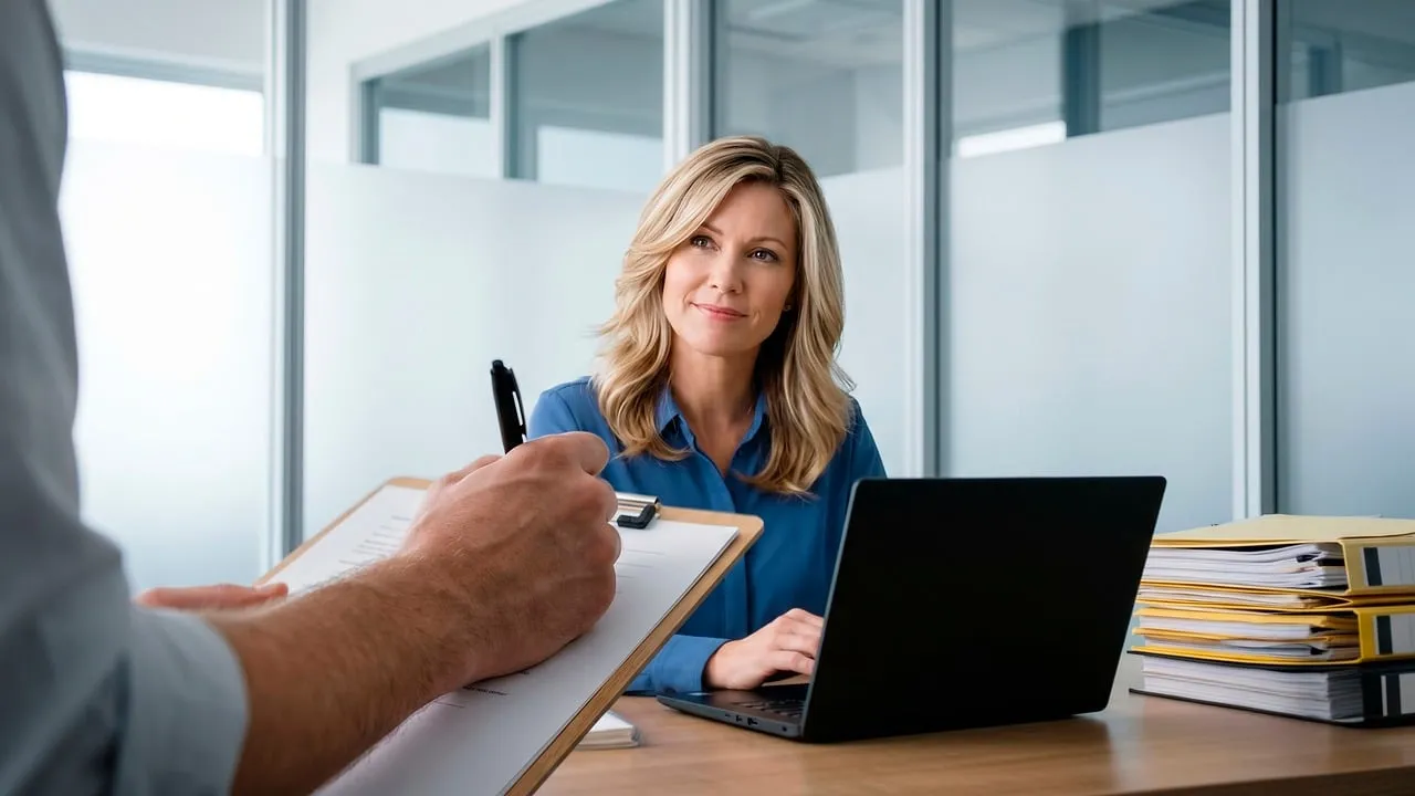 Two people sitting across a table in an office during a job interview