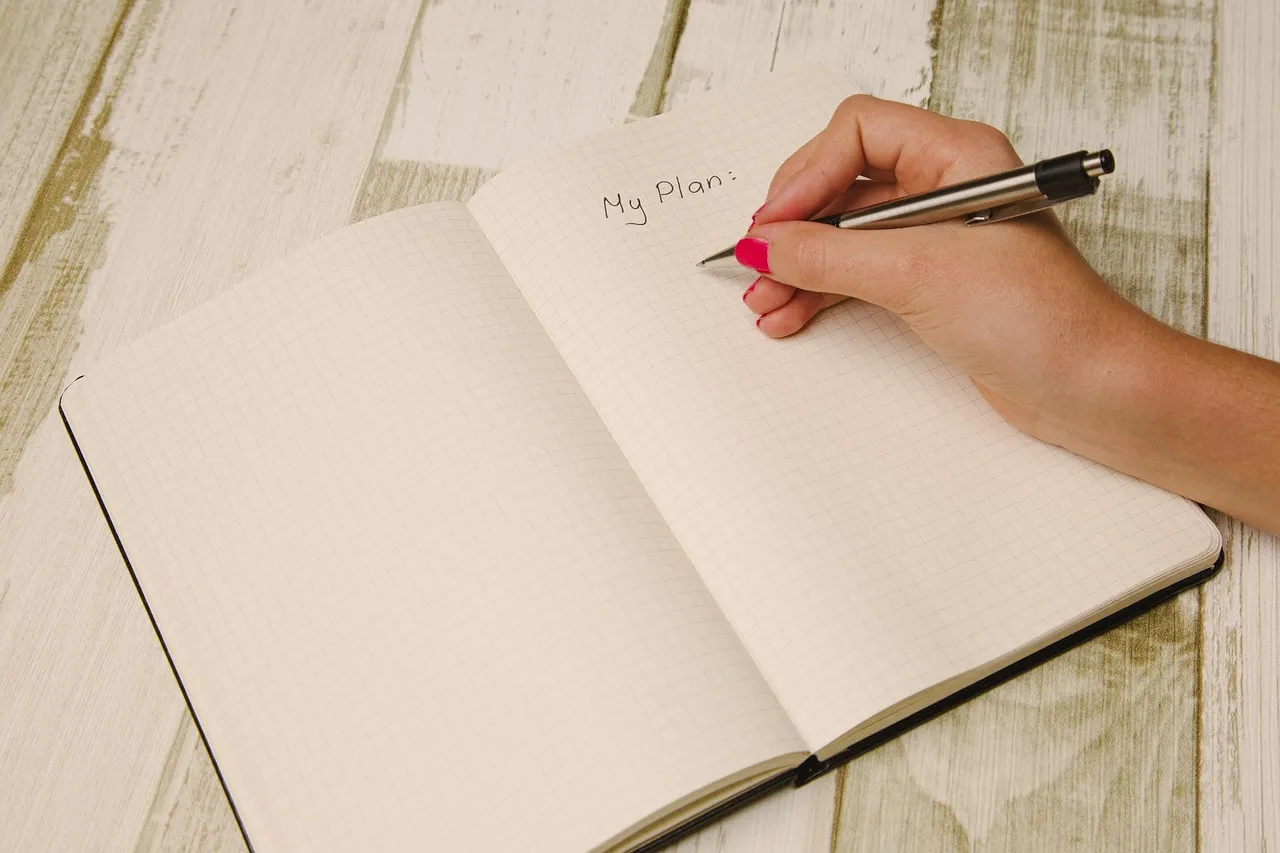 Hand writing My Plan at the top of a blank notebook page
