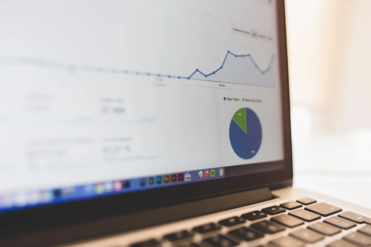 Laptop screen showing an analytics dashboard with a line chart and pie chart