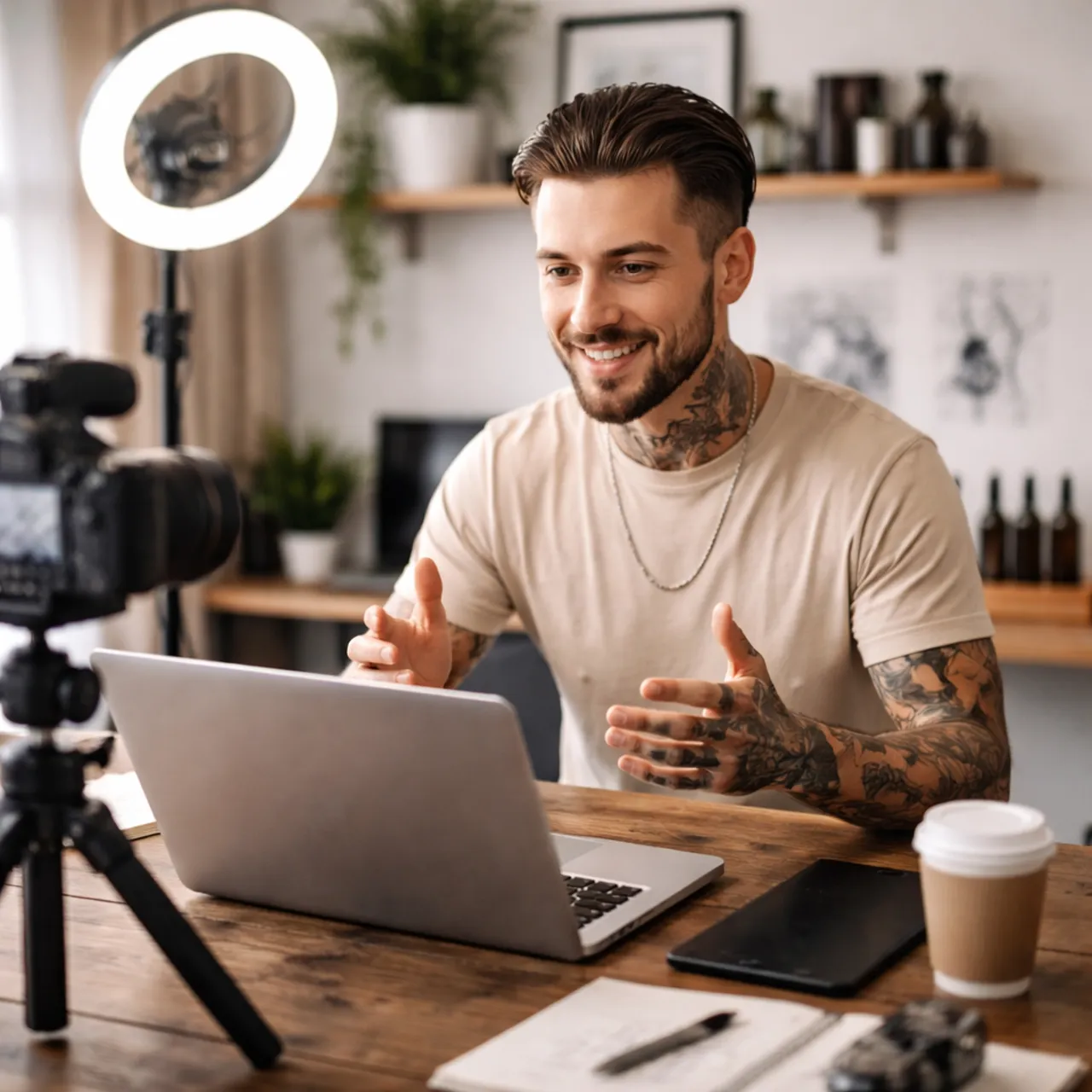 Smiling man with tattoos talking to a laptop while a camera on a tripod and a ring light record him