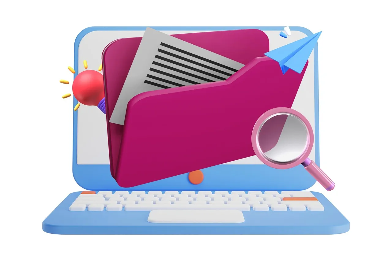 Illustration of a pink folder and magnifying glass rising from a laptop screen