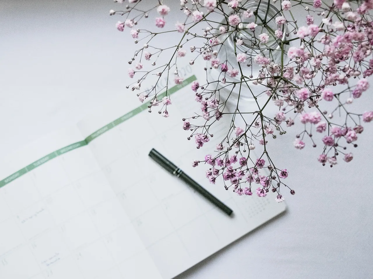 Open planner and pen on a desk beside a sprig of pink flowers