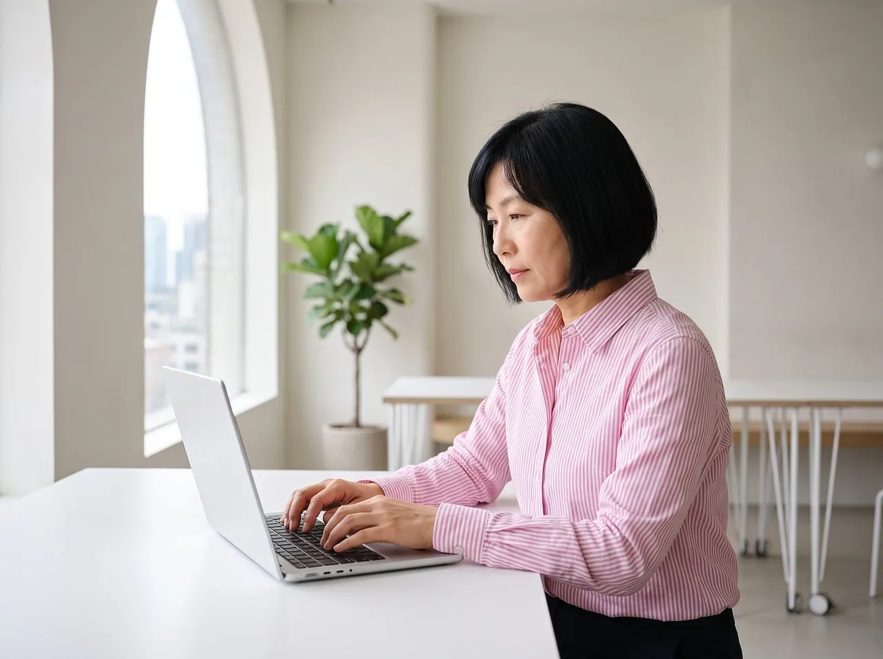 A woman working at a computer in an office