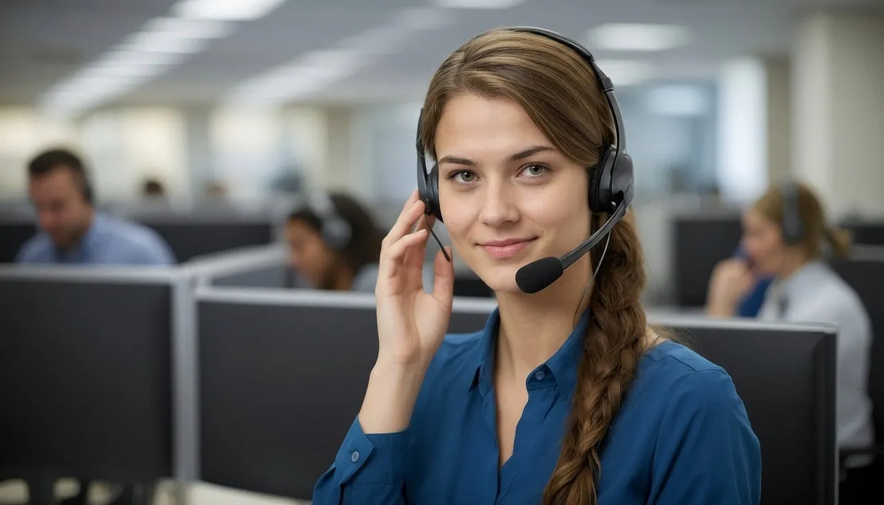 Smiling call center agent wearing a headset in an open-plan office