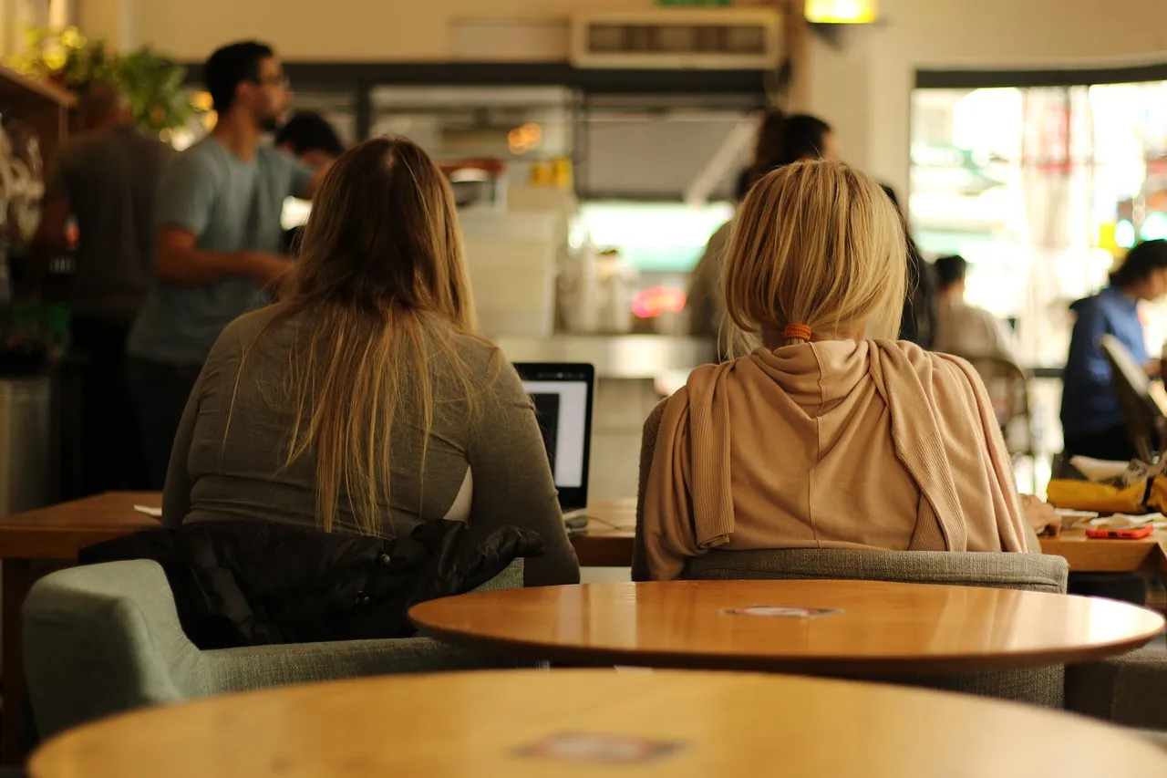 Two students seen from behind working on a laptop at a busy cafe table